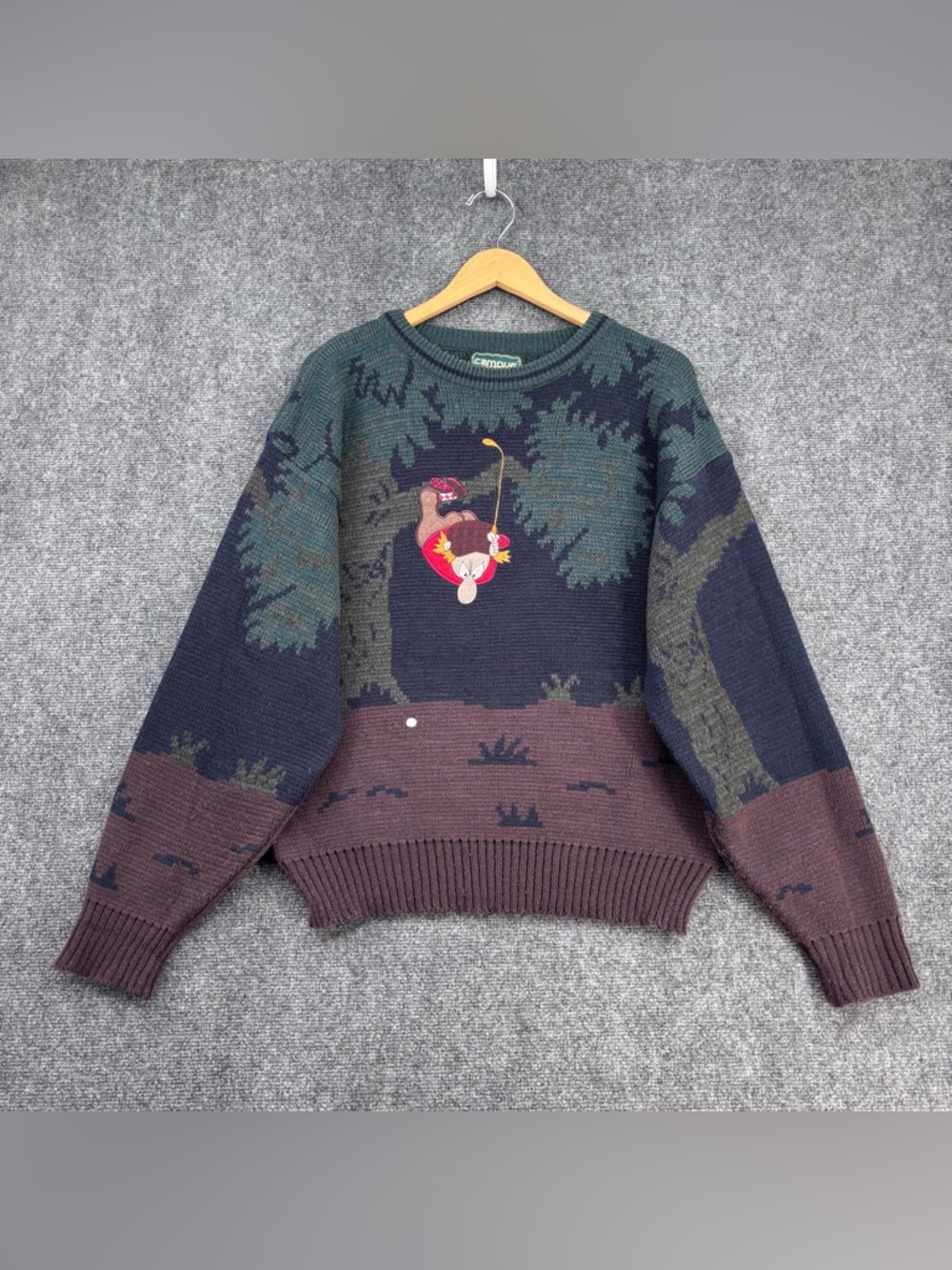 VINTAGE Campus Green Brown Embroidered Golf Pullover Sweater Men’s L Novelty